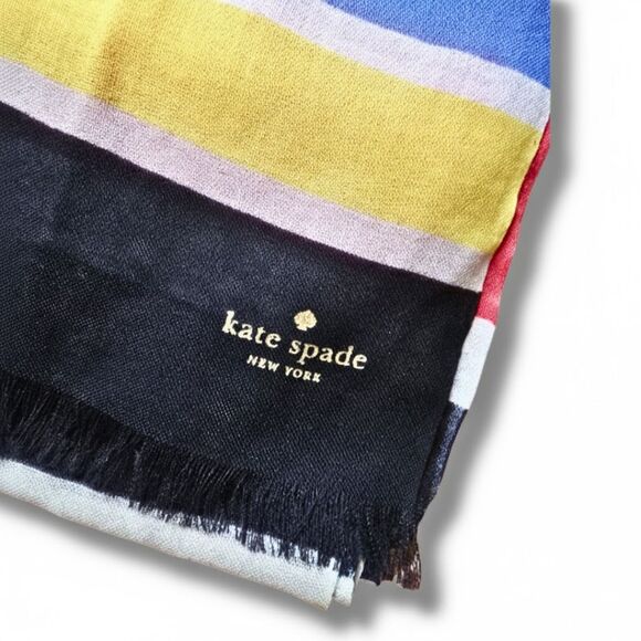 Kate Spade Wool Multi-Color Block Stripe Lightweight Long Scarf Designer Chic - Picture 1 of 8